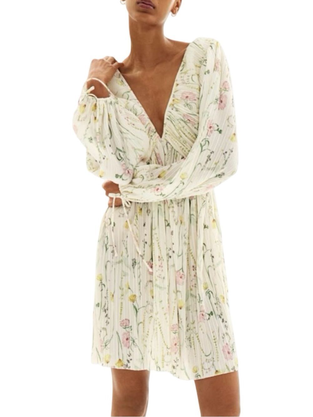 H&M Cream Floral Plisse Dress Size Medium